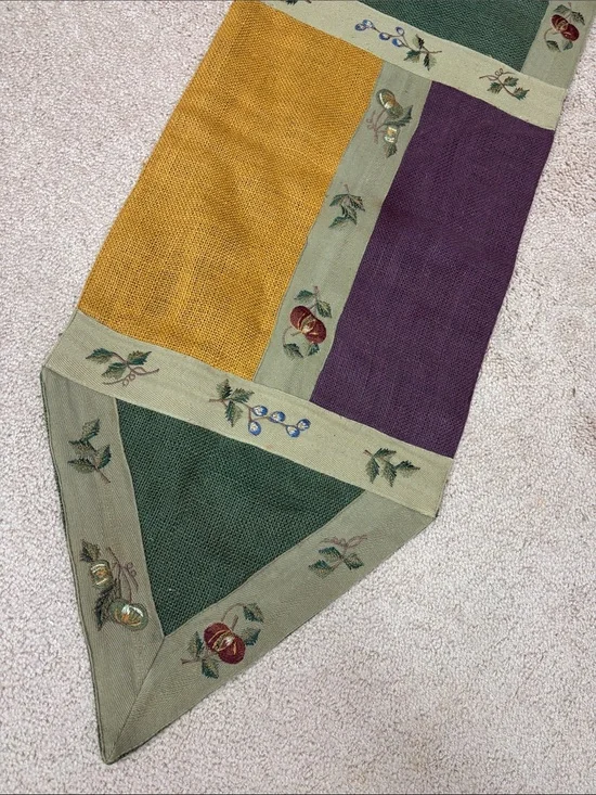 Pier 1 Import Y2K VTG Macintosh Patchwork Burlap Table Runner 14x72 Fall Autumn
