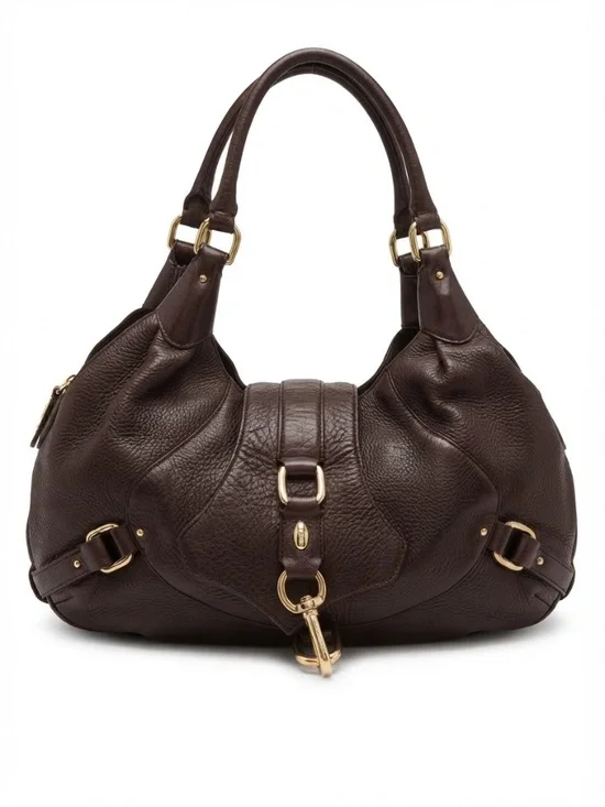 Cole Haan Dark brown Pebbled Leather Equestrian Hobo Bag with Gold Hardware