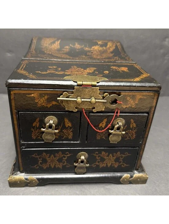 Pier 1 2011 Chinese Jewelry Chest Box Mirror Drawers Black Lacquer Dragons “key”