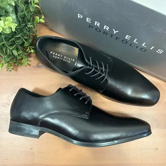 Perry Ellis Portfolio Black Leather Oxfords‎ Shoes Size 10.5