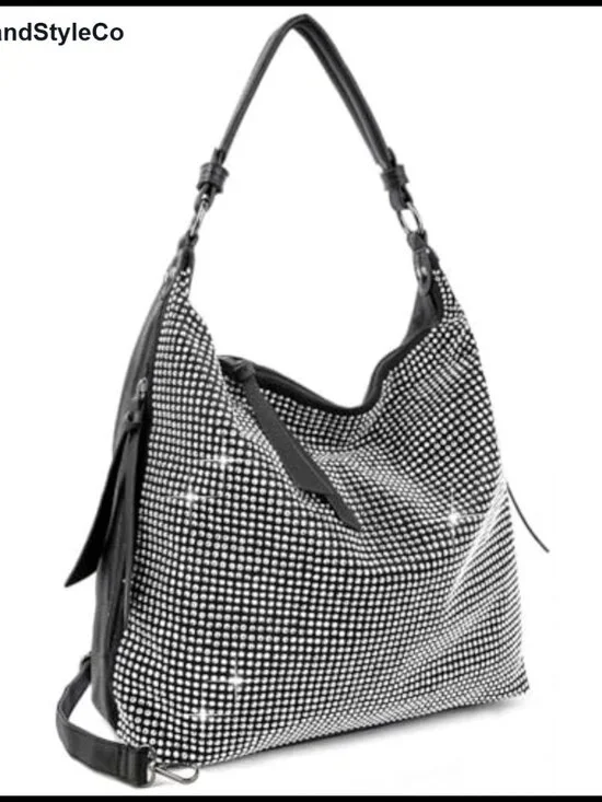 Rhinestone Hobo Handbag Faux Leather Crossbody Shoulder Bag Detachable Strap