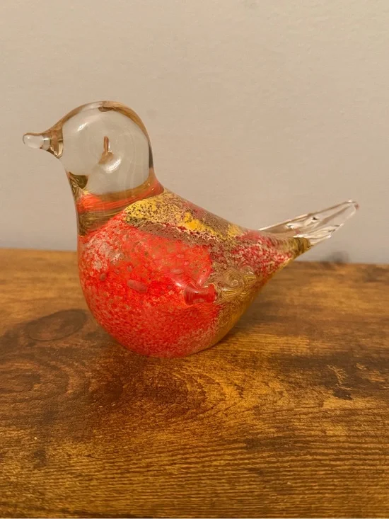 Pier 1 Art Glass Bird Figurine Red Gold Hand Blown Glass Decor Paperweight