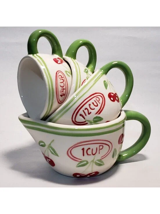 Pier 1 Imports Measuring Cup Set Cherries Ceramic 4 piece Kitchen Green Red