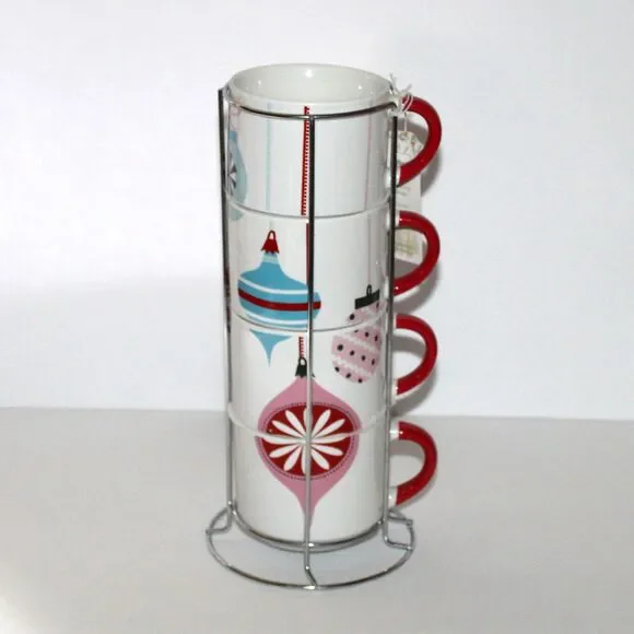 Pier 1 set 4 Stacking Mugs on metal stand Christmas ornaments