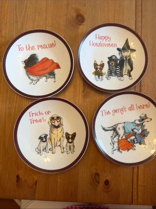 Pier 1 Halloween Dog Dessert Plates - White and Red Accents set of four