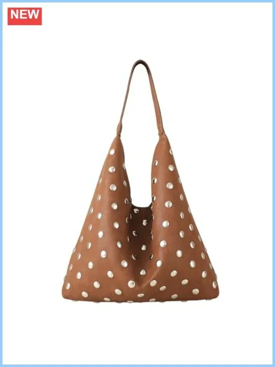 Vegan Leather Studded Hobo Tote Bag Rivet Shoulder Punk Handbag