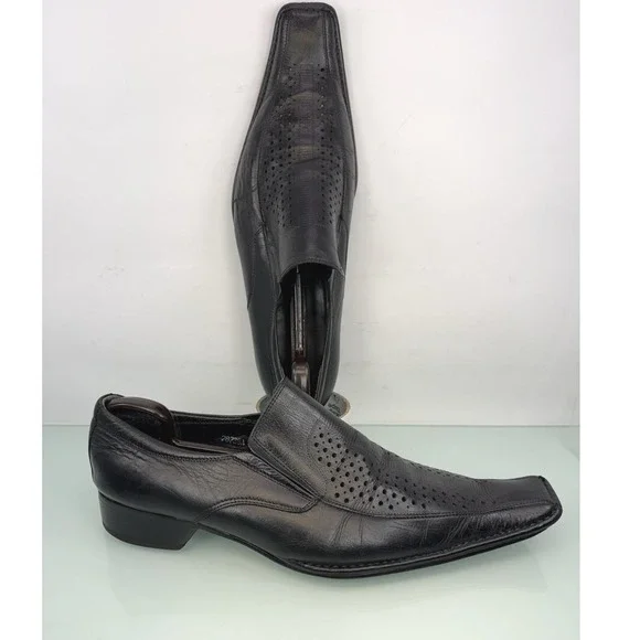 Italian Square Toe Black Leather Loafers Perforated‎ Slip On EU 42 Avant Garde