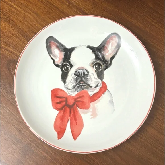 PIER 1 IMPORTS COLLECTIBLE PLATE CHRISTMAS PUPPIES *BOSTON TERRIER* IN RED BOW