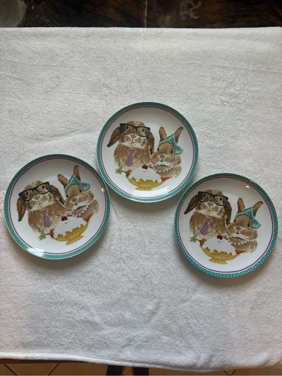 Pier 1 Bunny Dessert Plates with Teal Trim (Set of 3)