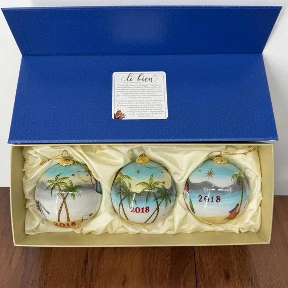 Three Hand‎ Painted Pier One Li Bien 2018 Christmas Ornaments w/ 3 Position Box
