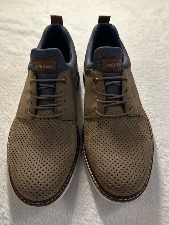 Rieker Brown Perforated Lace-Up Oxfords with Navy Trim