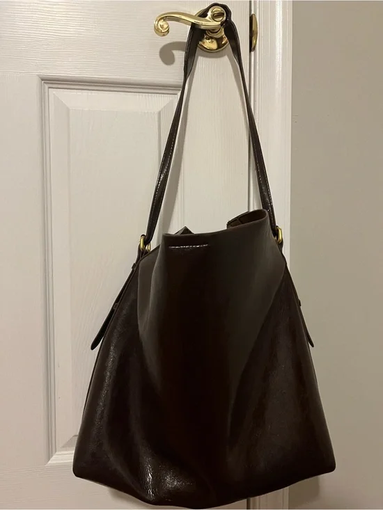 Zara Dark Brown Leather Hobo Shoulder Bag with Gold Hardware