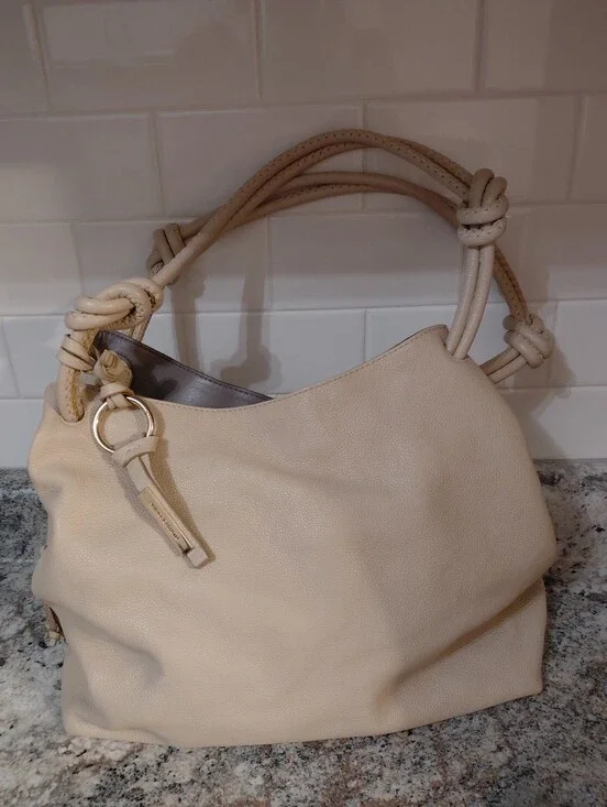Vince Camuto Cream Pebbled Leather Knotted-Handle Hobo Bag Purse