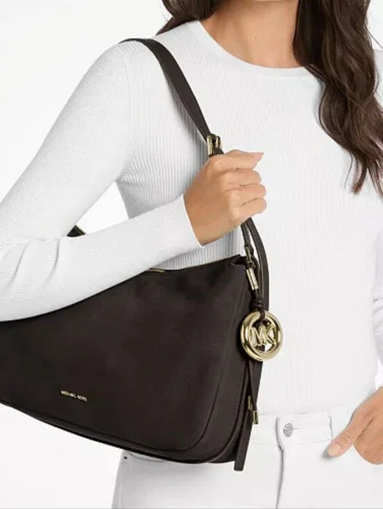 Michael Kors Nolita Black Suede Leather Hobo with Silver Tone Logo Charm NWT