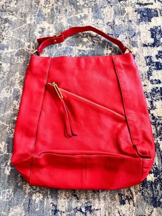 Kelsi Dagger Red Pebbled Leather Hobo Shoulder Bag with Asymmetric Zip Pocket