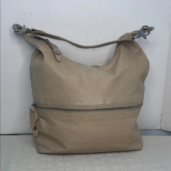 HOBO Taupe Pebble Leather Slouch Shoulder Bag Front Zip Pocket