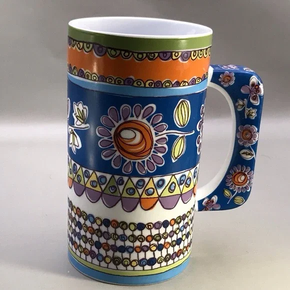 Rare Pier 1 Porcelain Mug Colorful Floral Blue Orange Purple Green 6