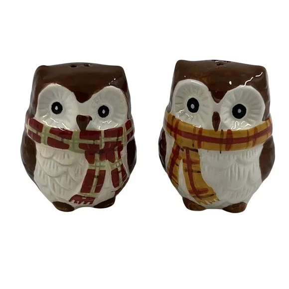 Pier 1 One Owl Design‎ Salt Pepper Shakers Winter Scarves Brown 3