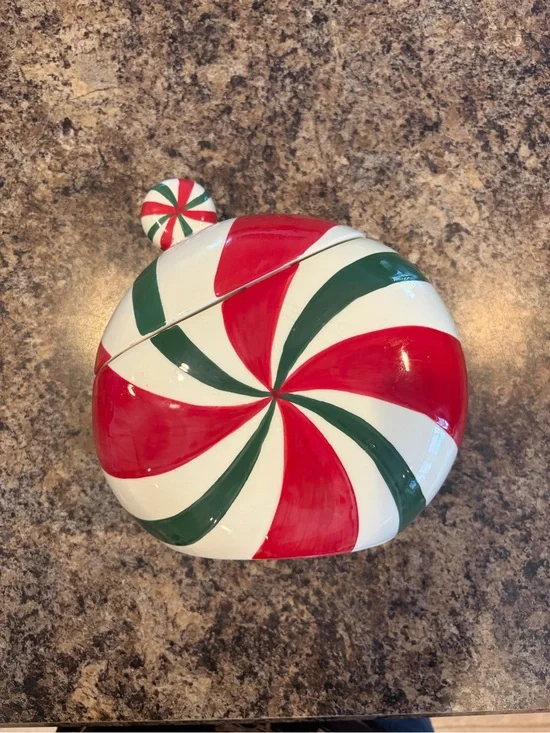 Pier 1 Red, Green & White Peppermint Swirl Cookie Jar