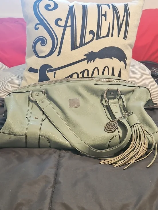 Authentic MCM Worldwide Tassel Leather Tote Shoulder Bag‎ in Light Sage Green