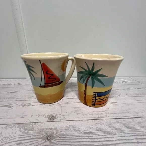 Pier 1 Hand Painted Italy Beach Scene Mugs Set of 2 Sailboat Palm Tree Coastal