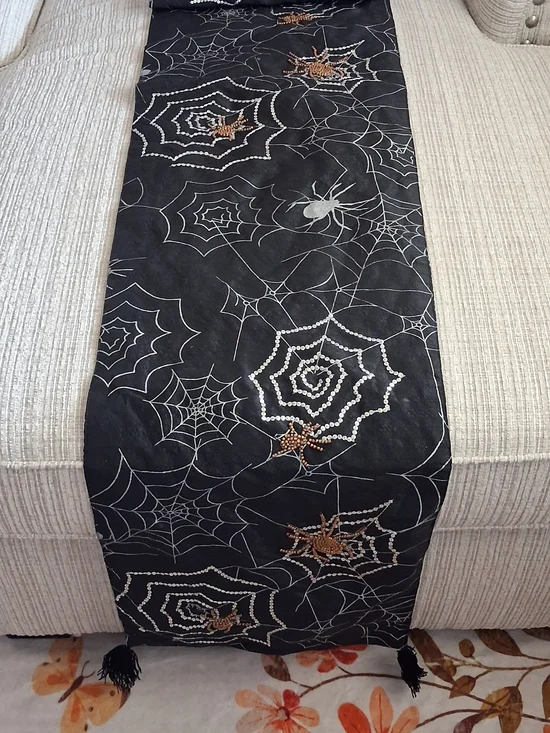 Black Spiderweb Halloween Table Runner with Beaded Accents