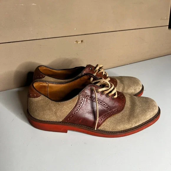 Walk-Over Vintage Saddle Shoes Mens 9 Brown Leather Tan Suede Red Brick Sole