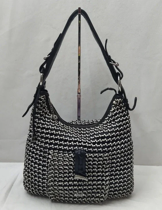 COBO International Black Nylon Mesh Woven Front Pocket Zipper Hobo Shoulder Bag