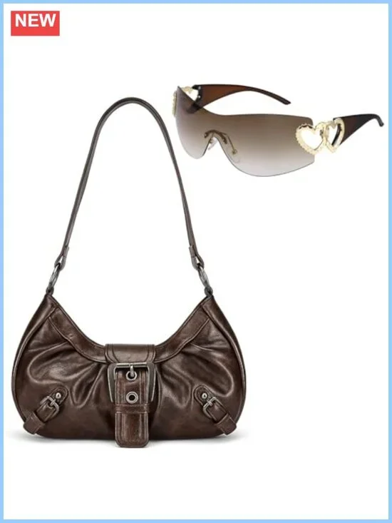 Y2K Faux Leather Hobo Shoulder Bag Sunglasses Set Trendy Purse