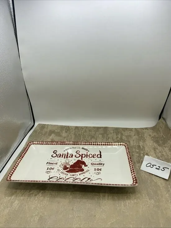 pier 1 Santa Spiced Cocoa Small Serving Platter White W /Red 6.5”X 12.5”