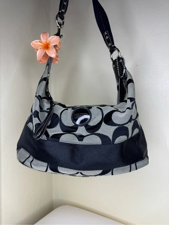Coach Black & Gray Signature Canvas Shoulder Bag with Leather Trim