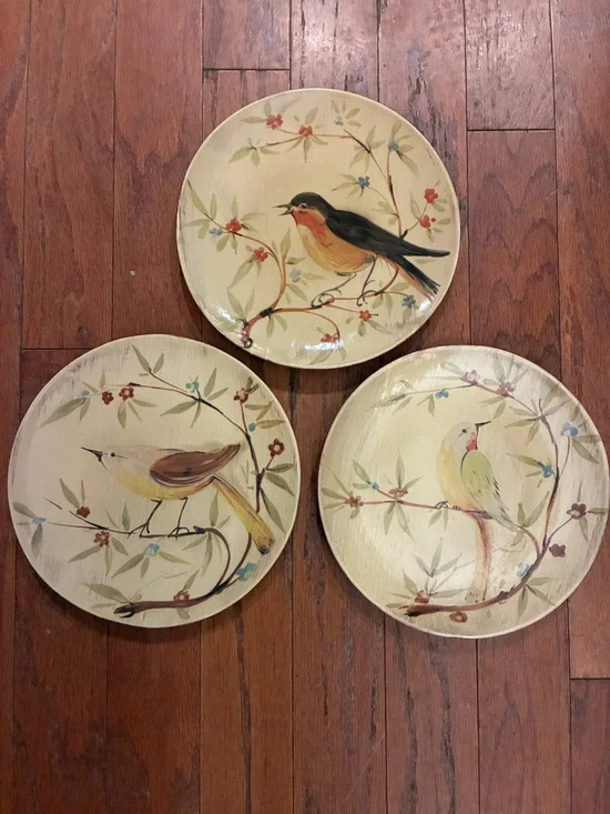 Set of 3 Vintage Pier 1 Imports Song Birds Salad Plates Hand Painted Italy