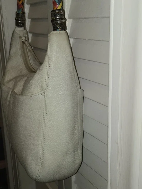 Brighton White Pebble Leather Hobo Shoulder Bag Rainbow Braided Strap