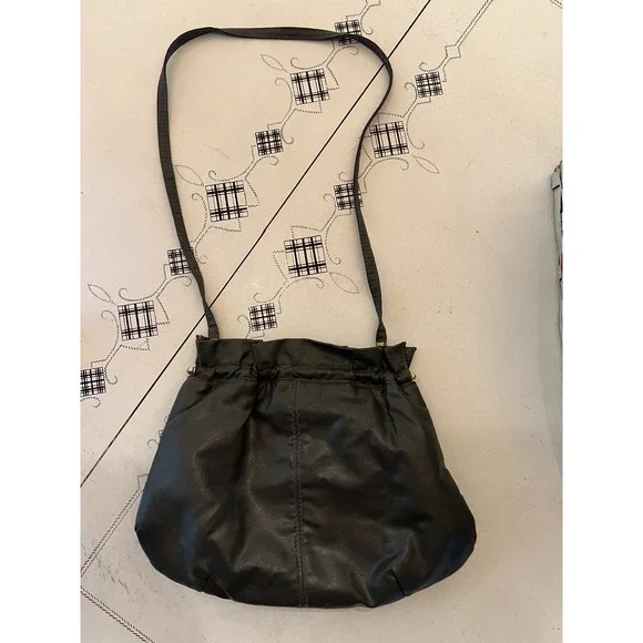 Vintage Gray Leather Handbag Kiss Lock Frame Hobo Shoulder Bag Ruched Top