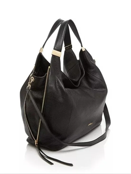 Furla Liz Daino Large Black Pebbled Leather Convertible Slouchy Hobo Bag Tote