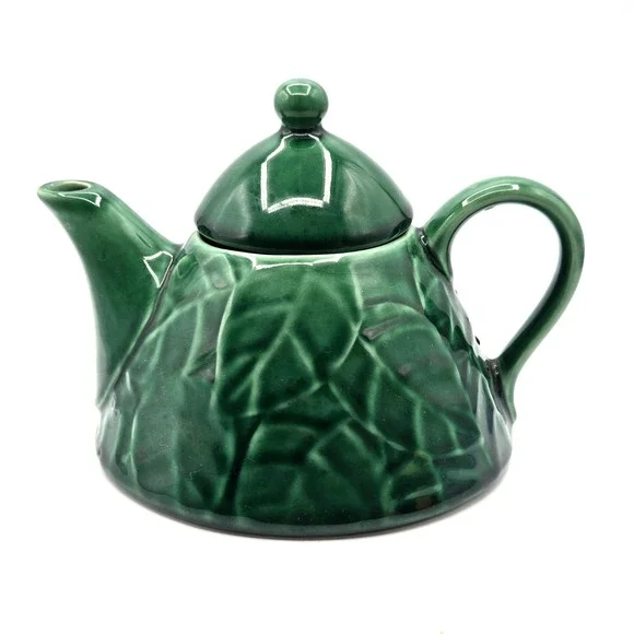 Vintage Pier-1 Imports Teapot Jade Leaves Green Stoneware Pier One Collection 7