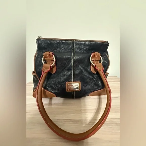 Black Leather Tignanello Purse Brown & Red Trim Silvertone Hardware Handbag
