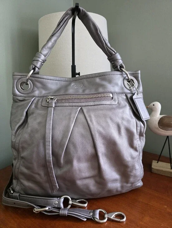 Coach F13411 Parker Shoulder Bag Metallic Silver Leather Hobo Purse Y2K