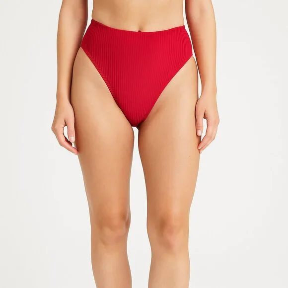 NWT L*Space Frenchi Bikini Bottom Red Ribbed High Waist Swimwear –‎ Women’s XL