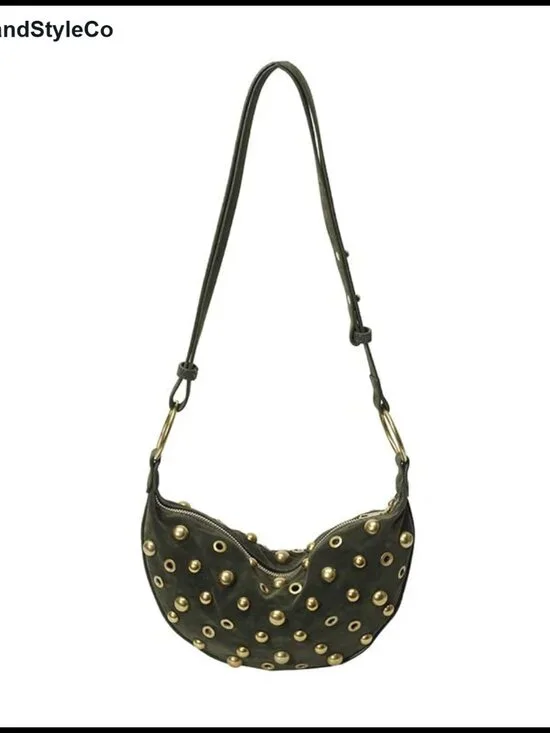 Faux Suede Studded Hobo Shoulder Bag Adjustable Strap Crescent Purse