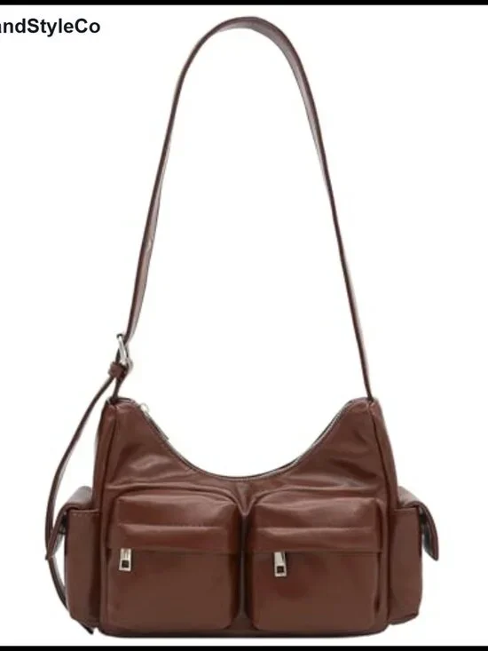 Glossy Faux Leather Multi Pocket Shoulder Bag Hobo Adjustable Strap