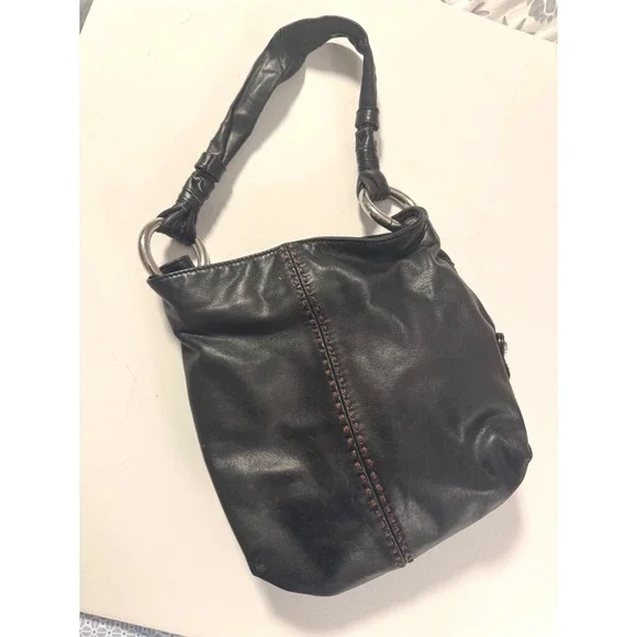 B. Makowsky Y2K Black Leather Hobo Bag Brown Whipstitch Silver‎ Ring Hardware