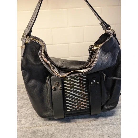 She+Lo BLACK Leather‎ Hobo Handbag With Gold Accents