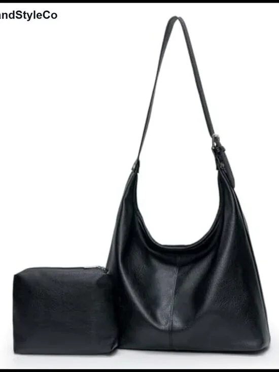 Vegan Leather Slouchy Hobo Shoulder Bag Large Tote with Pouch