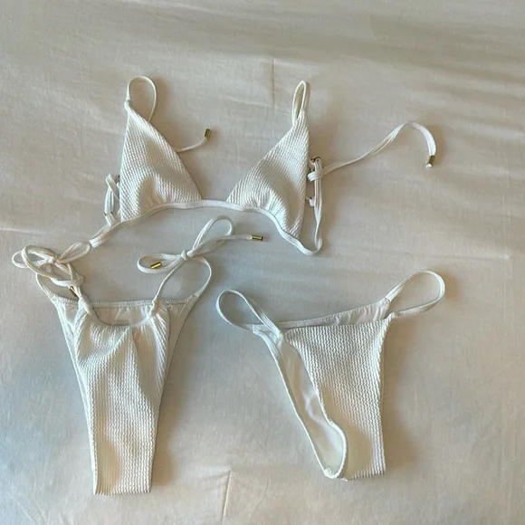 Monday Swimwear White Ribbed Triangle Bikini Set