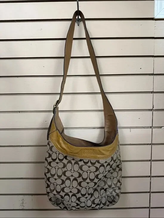 Coach Signature Canvas Hobo with Brown and Mustard Leather Trim