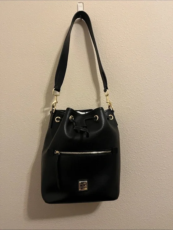 Dooney & Bourke Black Leather Drawstring Hobo with Gold Hardware