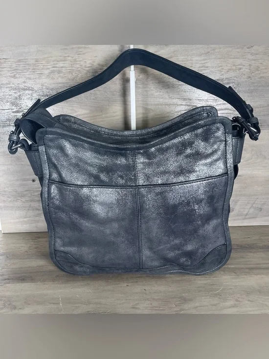 Frye Mel Metallic Leather Charcoal Gray Black Boho Bag‎ Shoulder Purse Chic