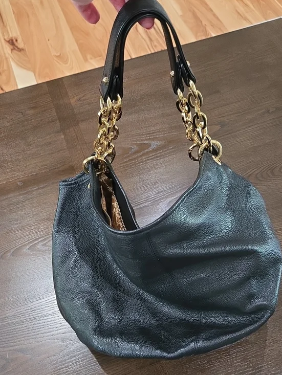 Black Leather Hobo Bag with Gold Chain Handles