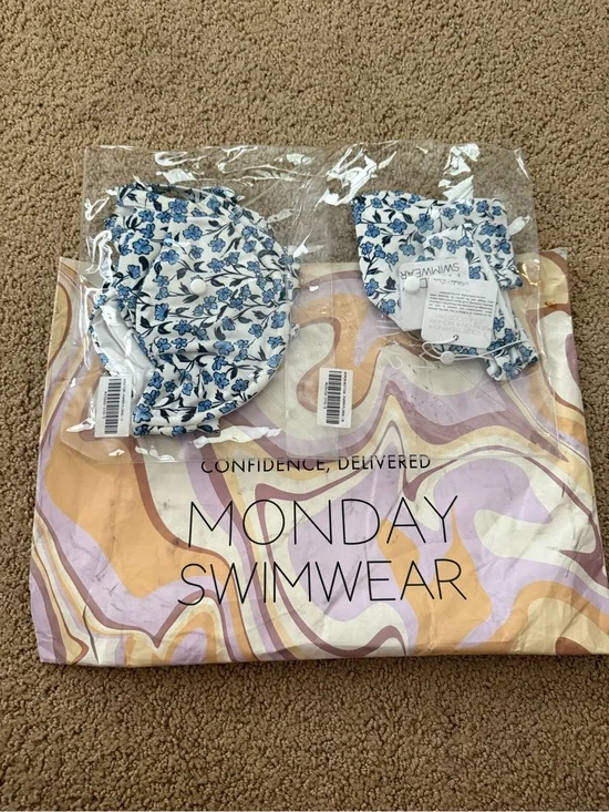 Monday Swimwear White Bikini with Blue Floral Print